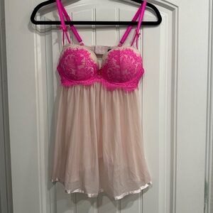Hot Pink Lace Bust Chemise with Cream Skirt